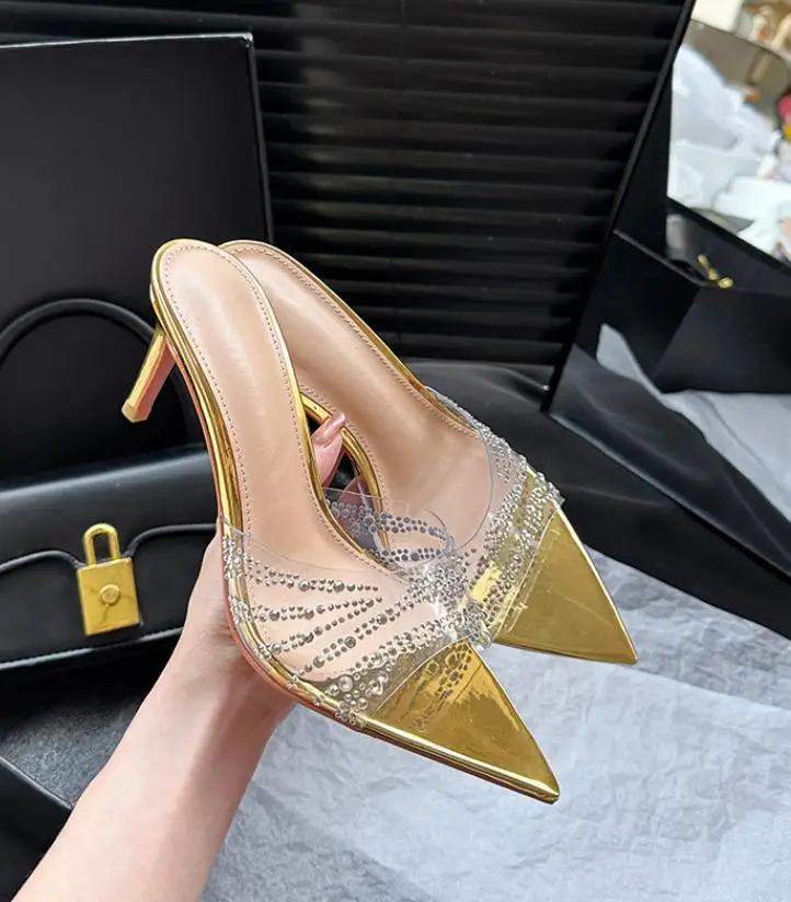 Sexy Pointed Toe Diamond-Encrusted Transparent Heels Women's Sandals Summer High Heels Elegant Lady's Slippers for Outdoor Wear