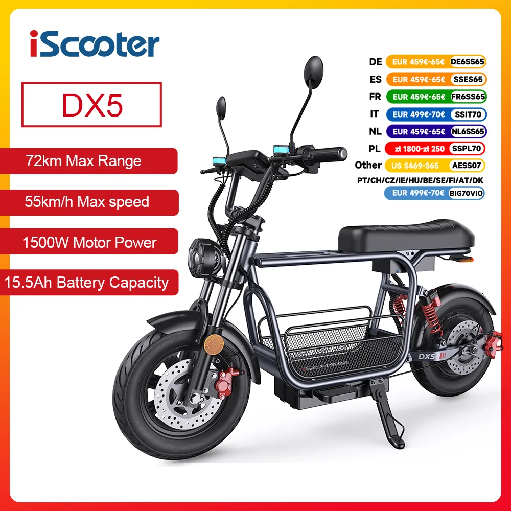 Trottinette électrique iScooter DX5 1500W, batterie 48V 15.6Ah, vitesse maximale 55 km/h, autonomie 60-72 km, avec siège et panier, pneus 15 pouces avec NFC