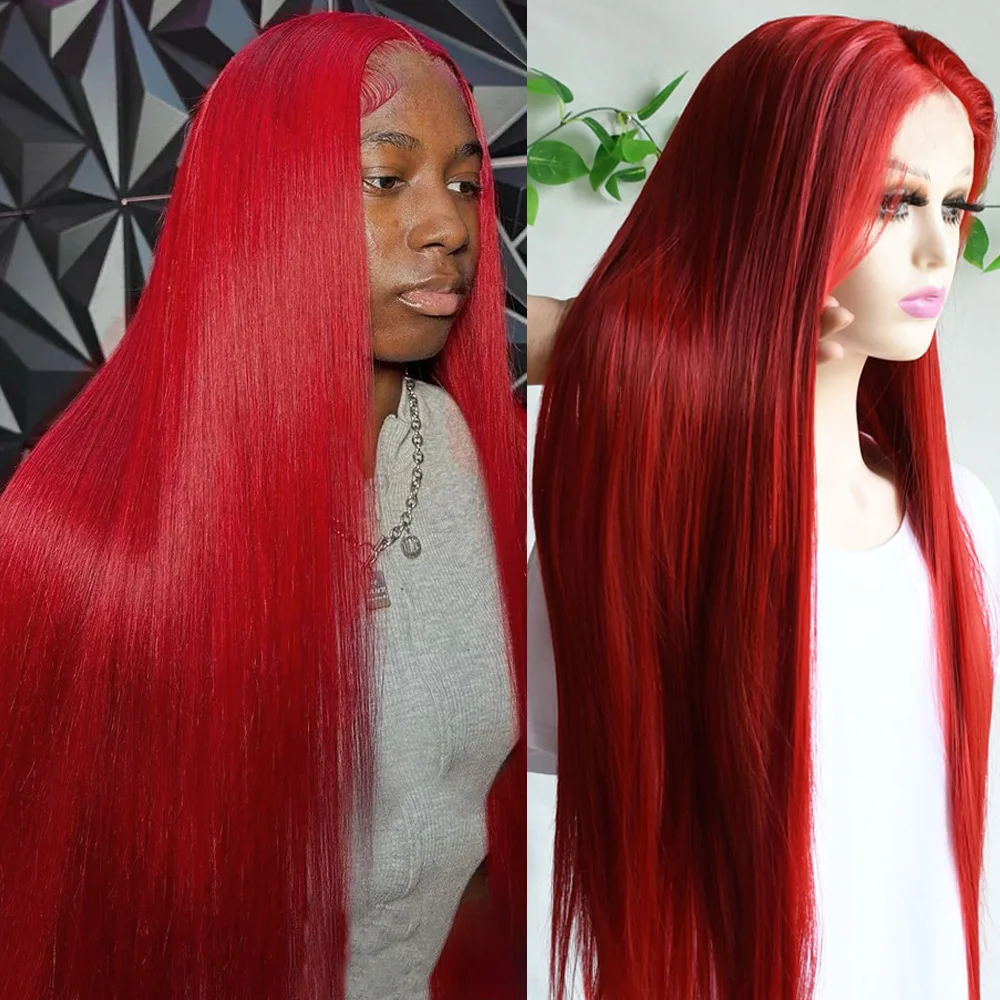 Hot Red Wig 13x4 Long Straight Lace Front Wig For Women Glueless Preplucked Heat Resistant Synthetic Wig Hd Lace Wig Party