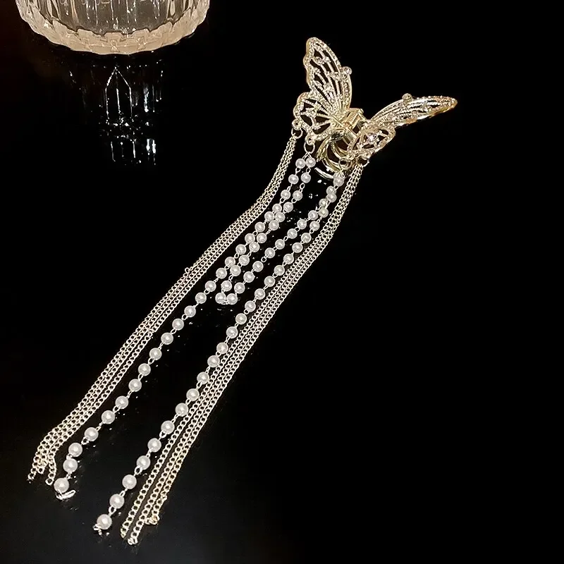 Imitation Pearl Butterfly Long Tassel Hair Claws for Women Elegant Rhinestones Shark Clips Half Tie Charms Hairpins Accessories image 3