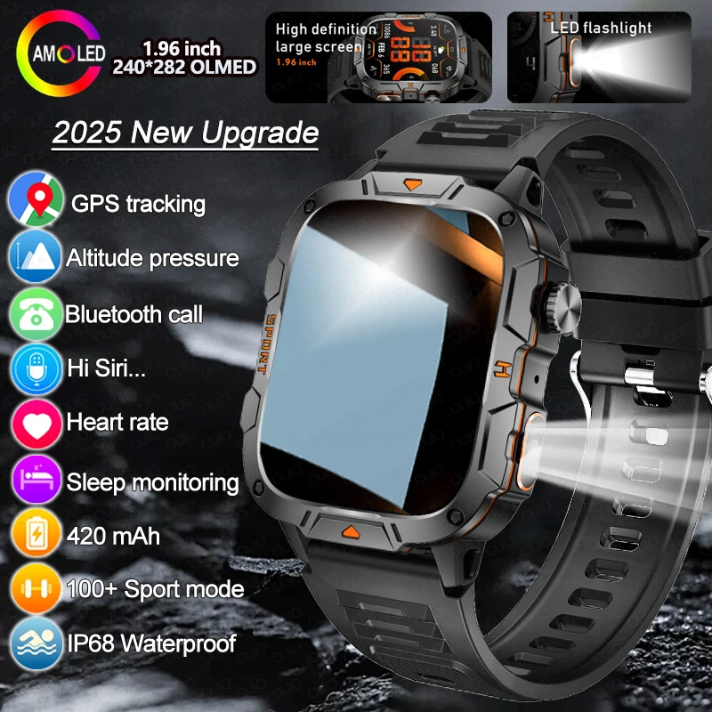 

2025 Outdoor Sports Flashlight Smart Watch GPS Track 1.96" HD Display Screen 420 mAh Bluetooth call Men Fitness SmartWatches