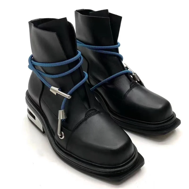 

Fashion Men's Genuine Leather Engineer Boots Strange Metal Thick Sole Mid-Calf Round Toe Elastic Band Western Boots Women