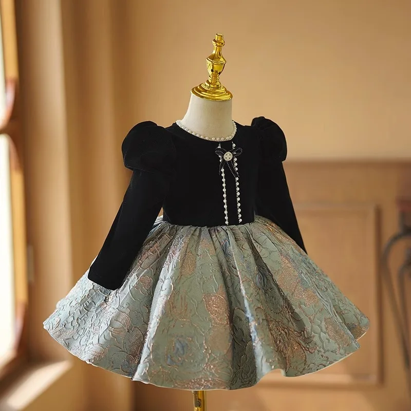 

New French Hepburn Style Piano Performance Puffy Long Sleeve Dress Princess Gown Girls' Spring and Autumn