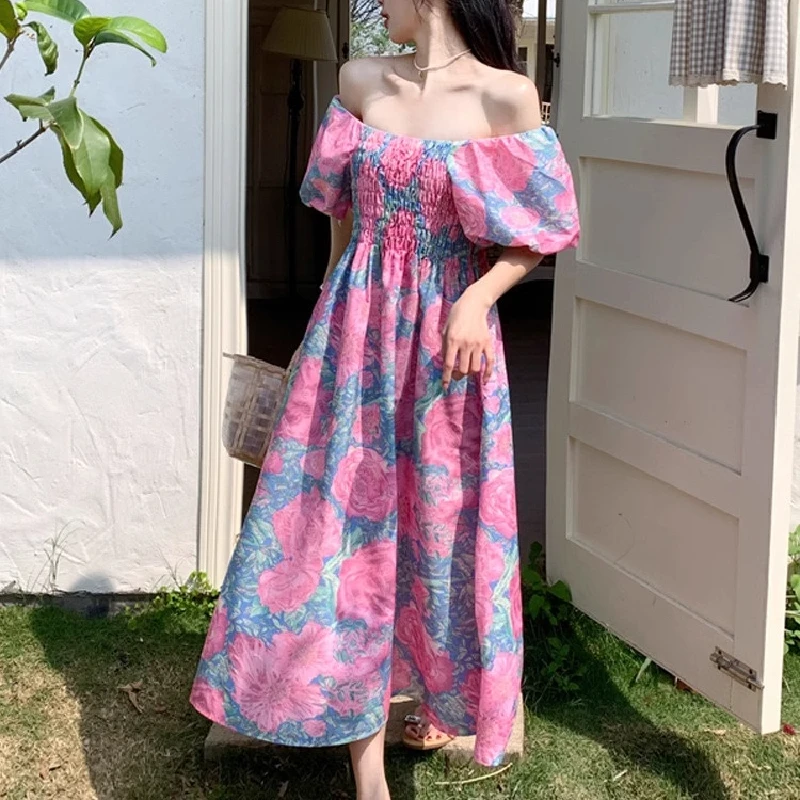 Plus Size Blumendruck Sommer Dr Damen Midirock Urlaub Sle Schlankmachendes langes Dr Ort Sve Princ-Kleid mit hoher Taille