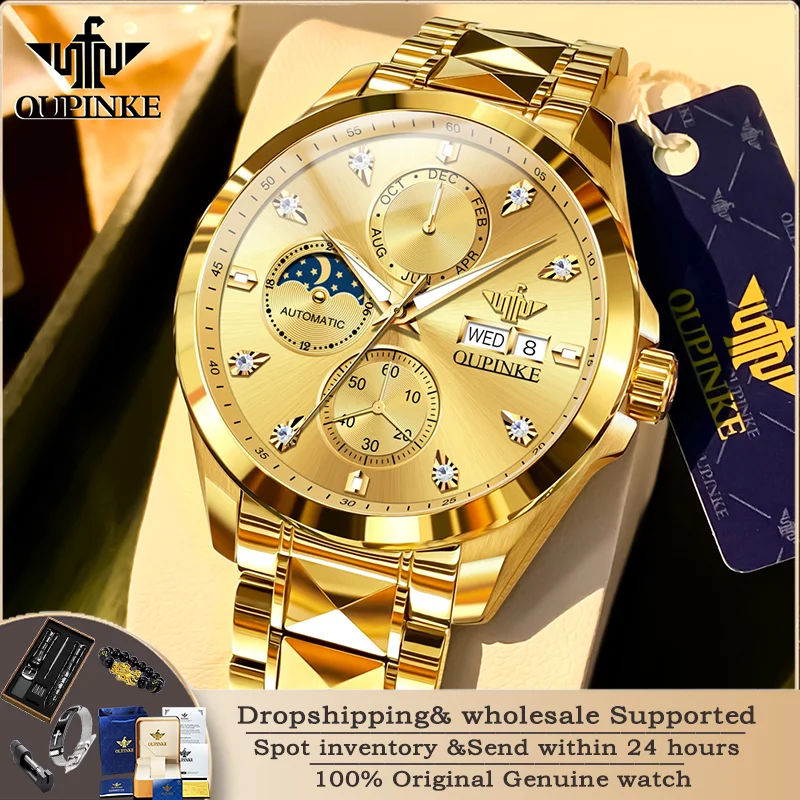 OUPINKE 3298 Top Luxury High Men\'s Watch Fully Automatic Mechanical Watch Multi functional Tungsten Steel Diamond Calendar Watch