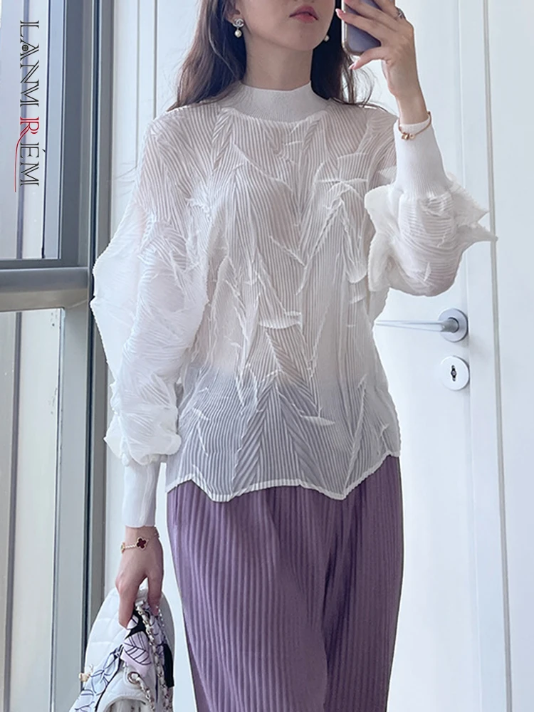 

LANMREM Casual Pleated Loose T-shirt Women Long Sleeve Round Neck Loose Folds Faishon All-match Top 2024 Summer New 2W304