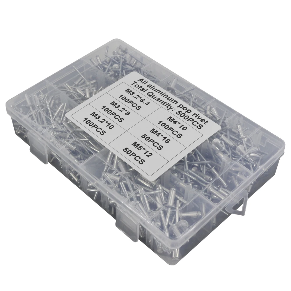Boîte à Rivets en aluminium, ensemble combiné de Rivets à tête oblique de Type ouvert, 500 pièces