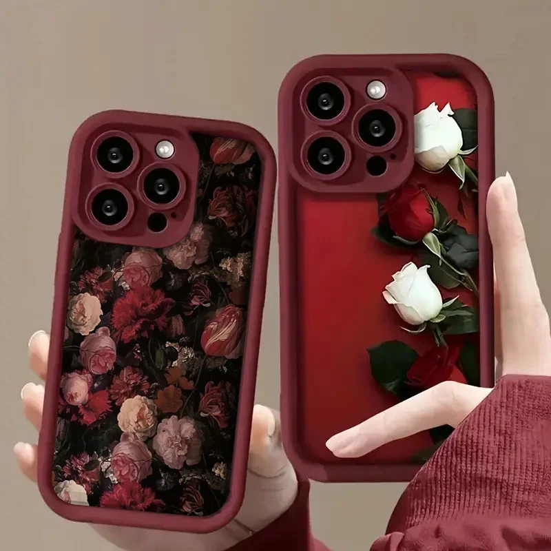 Anti-smudge Phone Cases For Samsung Galaxy S25 S26 S24 Ultra S23 S21 S22 Plus FE A35 A56 A54 A55 A16 Wine Red Rose White Cover