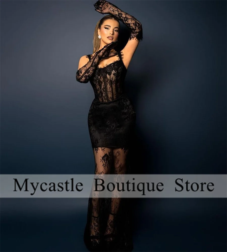 Sexy Black Lace Mermaid Long Prom Dresses 2024 With Gloves Illusion Birthday Party Dress Homecoming Dress