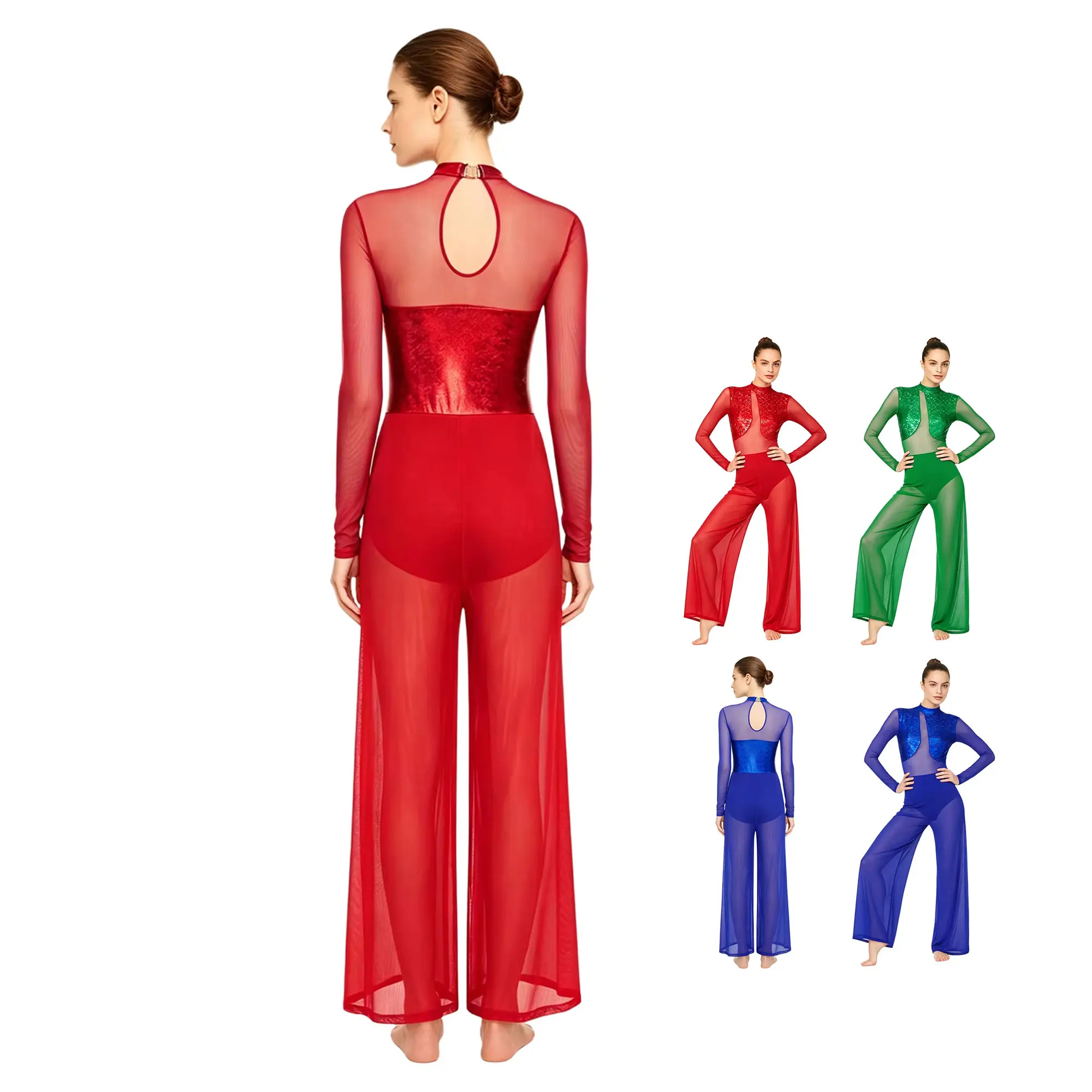 

Women Gymnastics Ballet Dance Jumpsuit Sheer Mesh Wide-Leg Long Sleeve Metallic Unitard Bodysuit Figure Skating Leotard