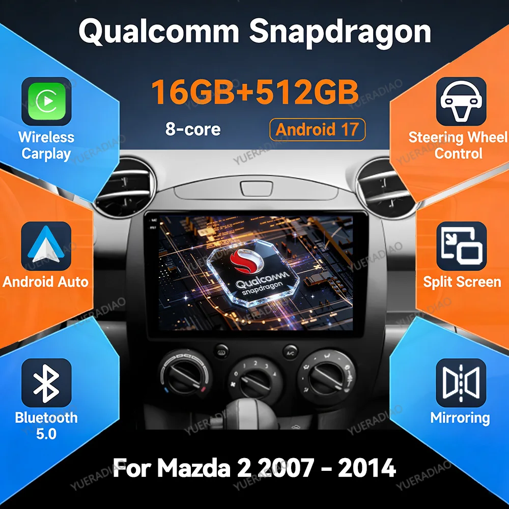 Android 17 Autoradio für MAZDA 2 Mazda2 2007 2008 2009 2010 2011 2012 2013 2014 Carplay Automotive FM Head Unit SWC BT 2K QLED
