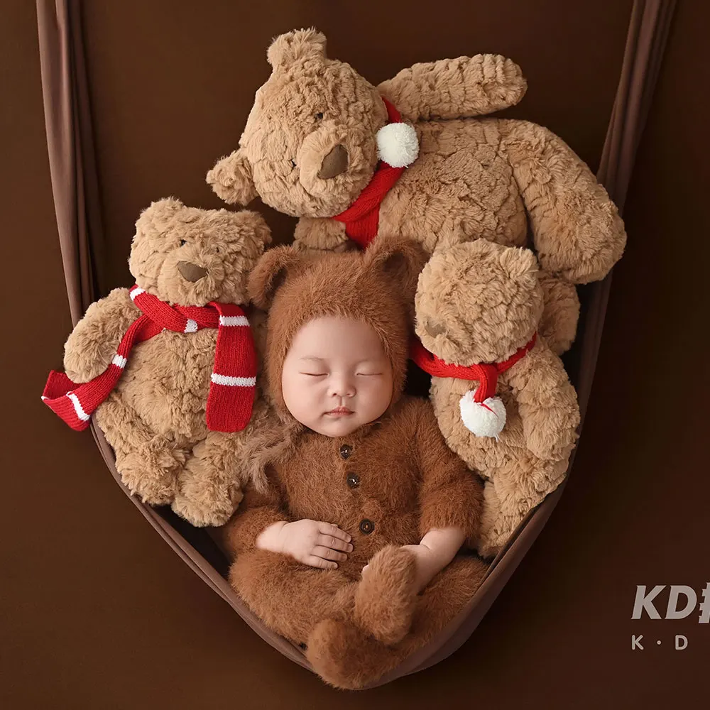 Perlengkapan Fotografi Bayi Baru Lahir 0-1 Bulan, Pakaian Rajut Gaya Boneka Beruang dengan Topi Senada dan 6 Boneka Beruang Romper Berkaki
