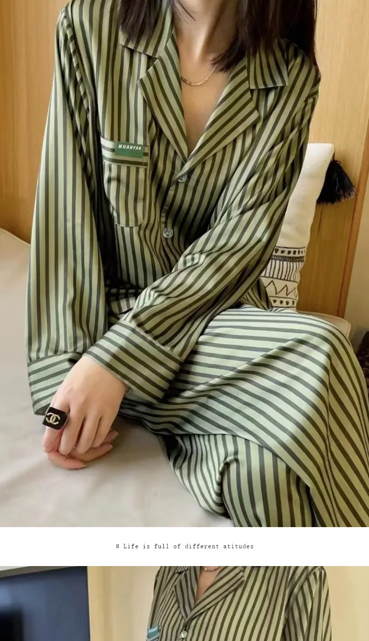 Women\'s Pajamas Sets Spring Autumn 2 Piece Striped Print Pyjama Faux Silk Satin Sleepwear Long Sleeve Pijama Mujer Pjs Homewear