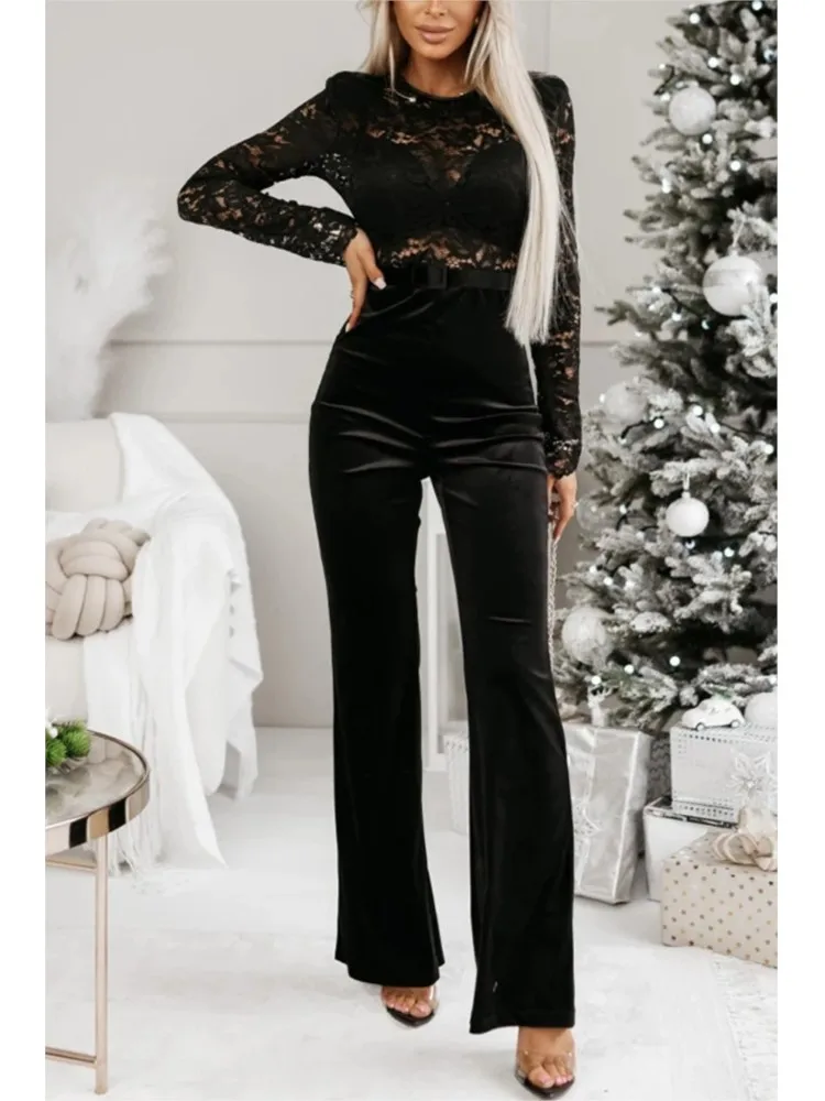 

Autumn Backless Slim Sexy Lace Stitching Long-sleeved Jumpsuit Trousers Women's Personality Street Intellectual Style Jumpsuit