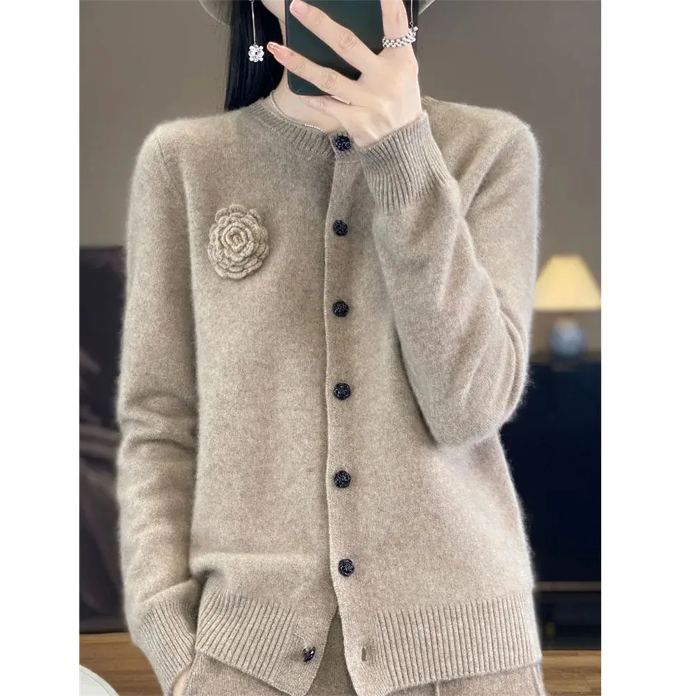 Red Cardigan Women\'s Autumn/Winter O-Neck Three-Dimensional Embroidered Coat Sweater Long Sleeve Jacket Knitted Cashmere Sweater