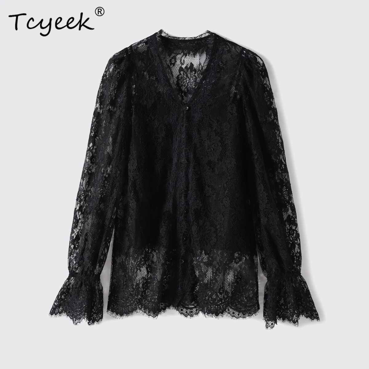 

Tcyeek, Sling 100%Mulberry Silk Elegant Shirt, Women Long Sleeve V Neck Lace, French Retro Blouses, 2024 Summer Fall T48408QC