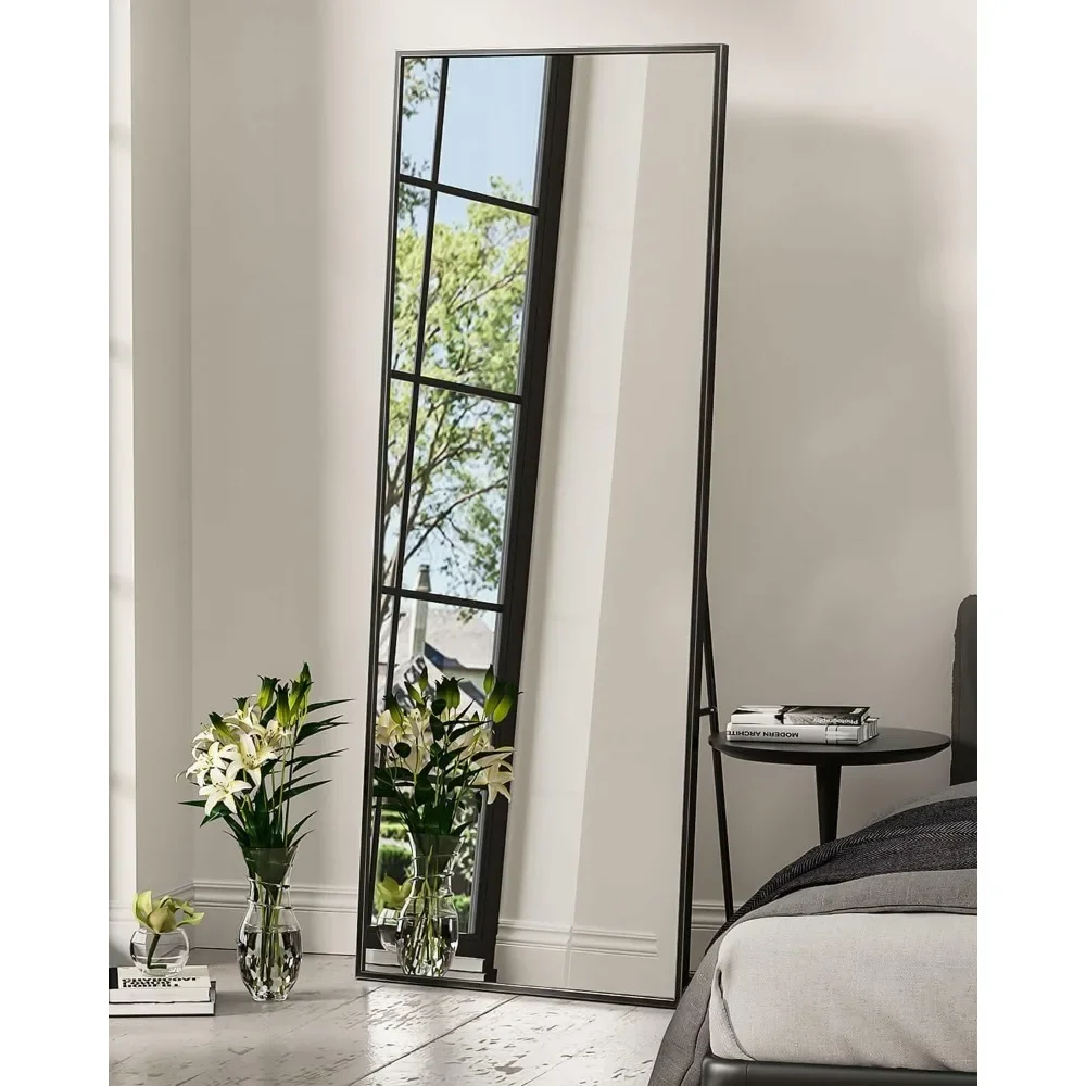 Full Length Mirror, Floor Leaning  Standing Mirror,Large  Full Body, Bedroom Mirror with Black Aluminium Frame, Black, 65