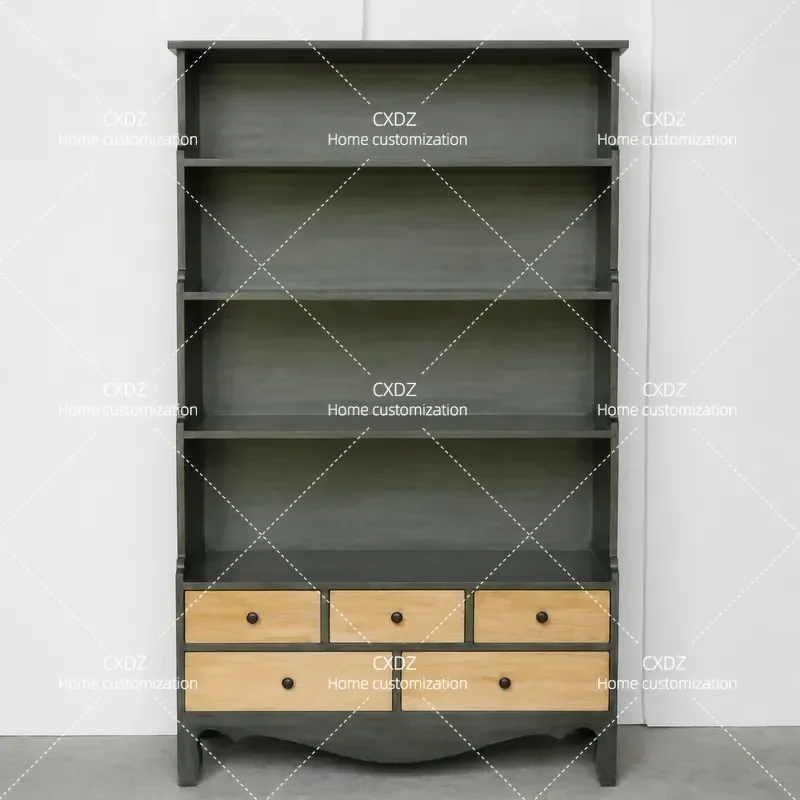 Mediterranean Style Painted Wooden Bookshelf Country Pastoral Study Display Cabinet Storage Locker for Home Office Decoration