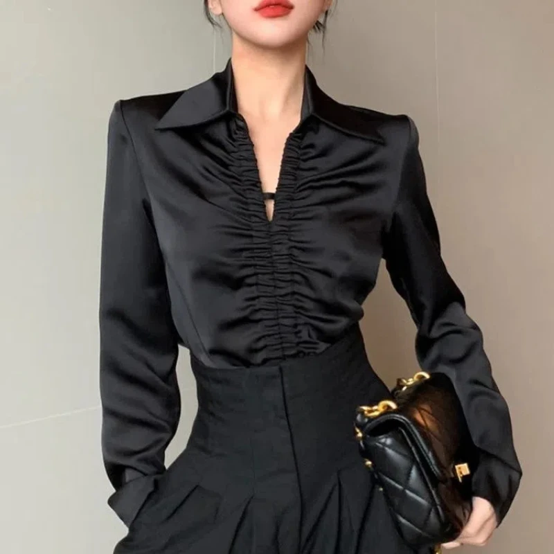 

Vintage Black Satin Fabric Shirt Women Spring New Long Sleeve Folds Shirring V-neck Solid Color Texture Chic Elegant Tops 2024