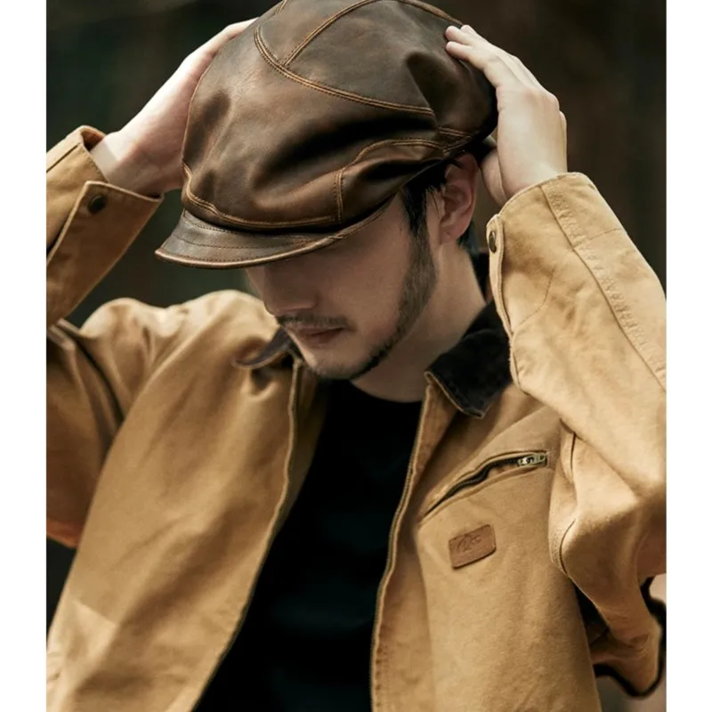 New niche retro do old PU leather beret men's autumn and winter octagon newsboy hat temperament irregular design sense