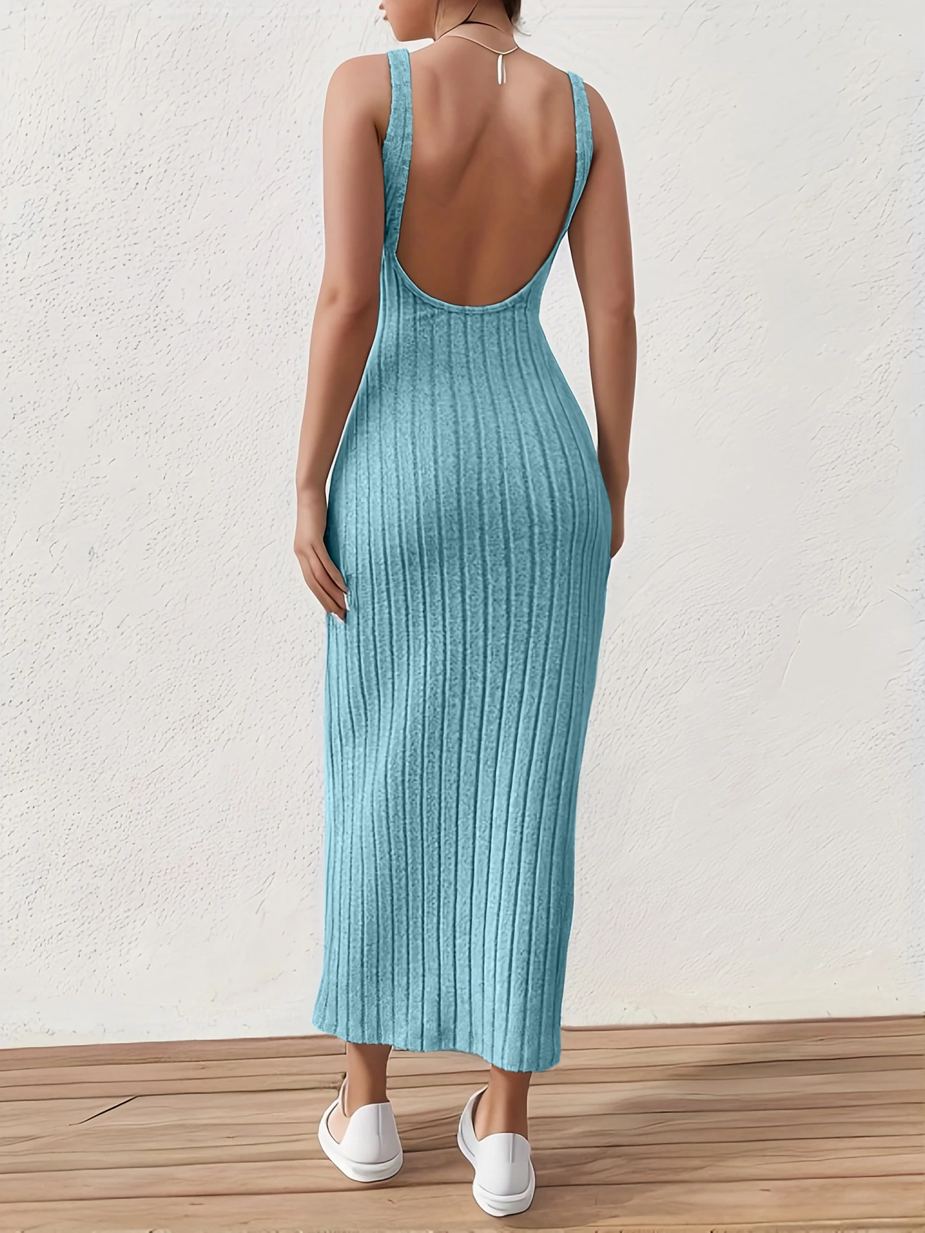 Solid Backless Tank Dress，Summer new sexy backless mid-length knitted sleeveless dress