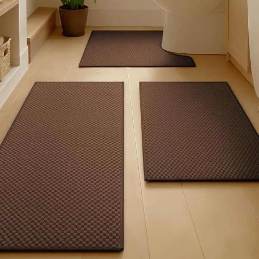 

Bathroom Rugs Sets 3 Pcs Non Slip Washable, Absorbent Quick Dry Bath Mat Set with Toilet Mat, Weave Texture Low Profile Bath Ru