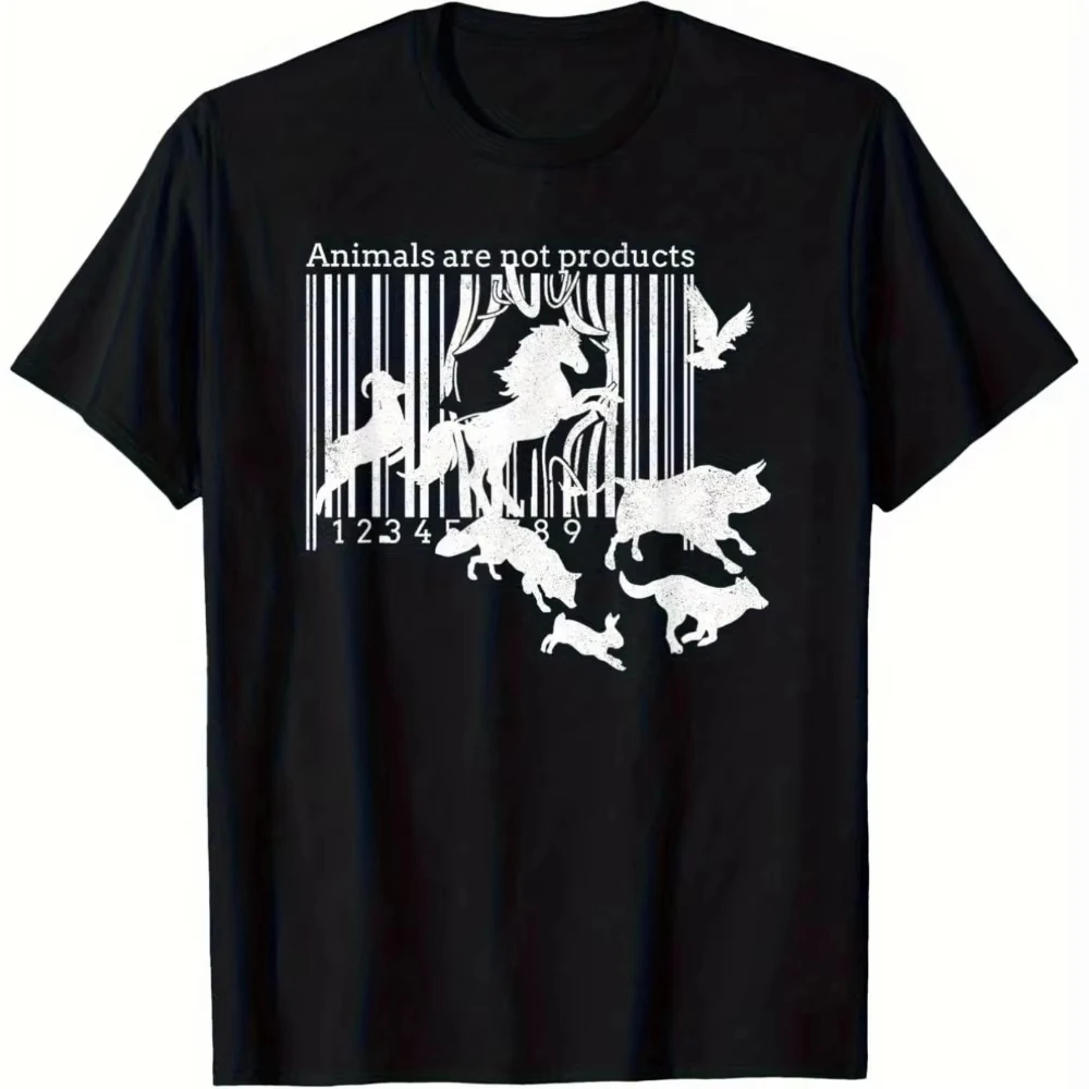 Men'S Vegan Animal Rights T-Shirt Black Casual Short Sleeve Featuring Barcode Design The Slogan Animals Are Not Products Regular