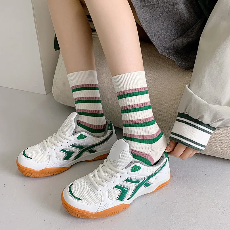 Green Stripe Ins Kawaii Socks Spring Autumn Middle Tube Casual Women Socks Harajuku Ins Breathable Women Socks