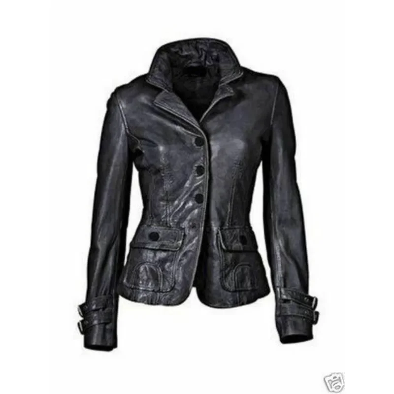 

Modern Women's Designer Black Genuine Sheepskin 100% Leather Blazer Buttons Coat