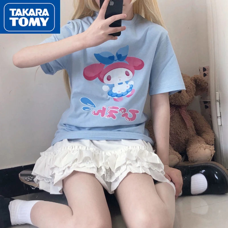 

TAKARA TOMY летняя футболка Hello Kitty Новинка для девушек хлопковая свободная футболка с короткими рукавами для подружек с героями мультфильмов Милая Студенческая футболка с круглым вырезом