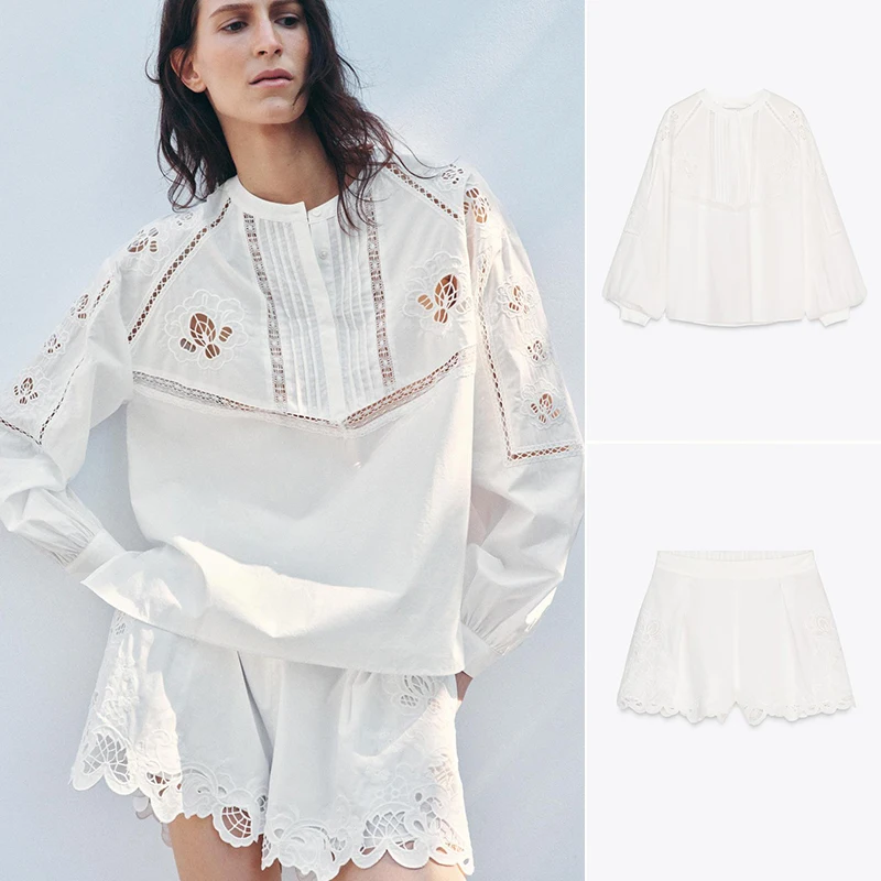 

Spring Summer Cotton Embroidered High Waist ort Pants Vertical Lace Trim irt Women's Faion Set round Ne Long Sve