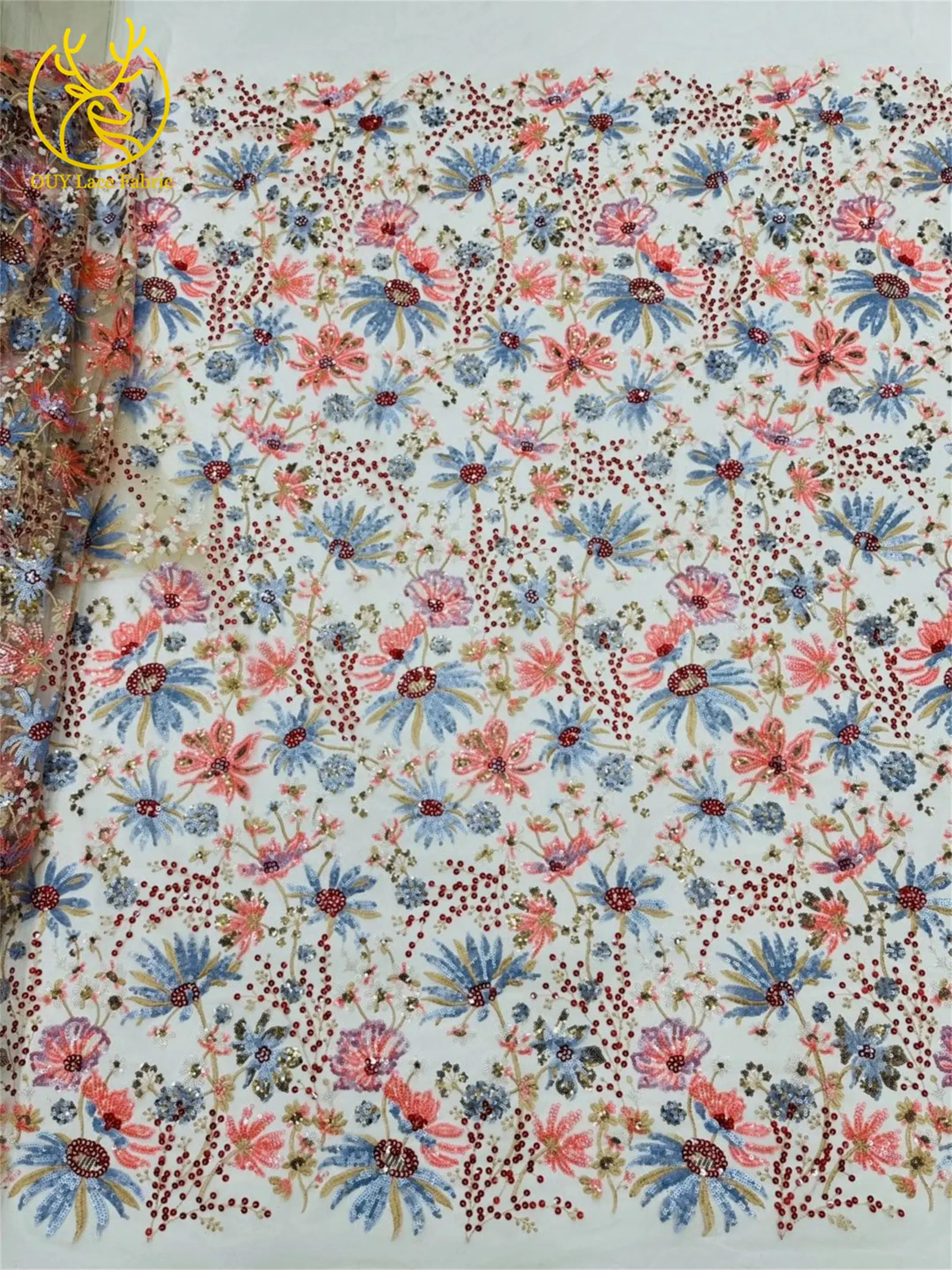 5 Yards des neuesten afrikanischen Pailletten bestickten Spitzenstoffs, hochwertiger französischer nigerianischer Mesh-Tüll-Spitzenstoff, Partykleid – Detail 17