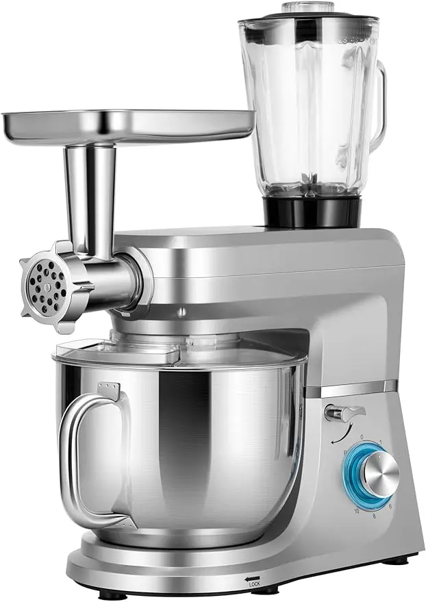 

6 in 1 Multifunctional Stand Mixer with 8.5 Quart Stainless Steel Bowl, 660W 10 Speed Tilt-Head Meat Grinder, Juice Blender, Ve