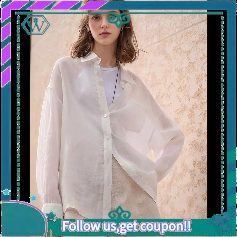 A09P Womens Button Down Shirts Long Sleeve Ramie Gauze Tops Casual Collared Blouses Loose Fit