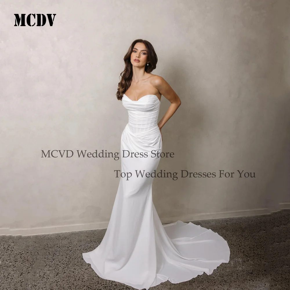 

MCDV Customized Satin Strapless Mermaid Wedding Dresses Sexy Backless Chiffon Bridal Gowns Sweep Train Vestidos Novias Boda 2025