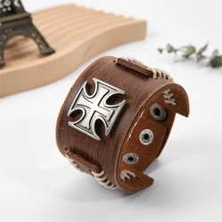 2024 Trend Jewelry Handmade Weave Genuine Leather Bracelet Men Vintage Cuff Wide Leather Cross Bracelet Pulsera Hombre