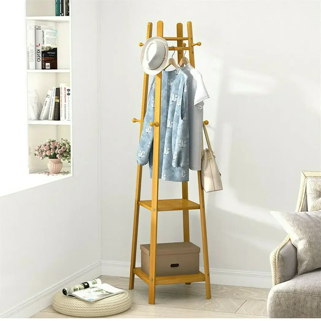 

z Bamboo Coat Rack Free Standing 2-Shelves Clothing Storage Garment Organizer Stand with 8 Hooks Clothes Poles 55kg Load-bearin