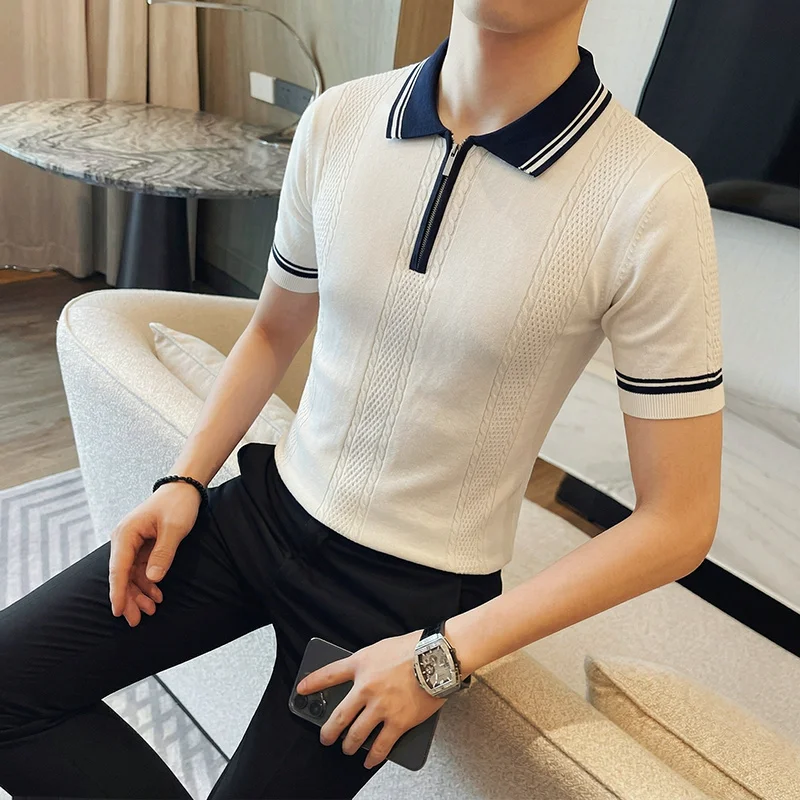 Premium Knitwear Jacquard Men's Polo Shirts Short Sleeved Classy Summer Quality Viscose Blends Stretchy Zipper Camisas Masculina