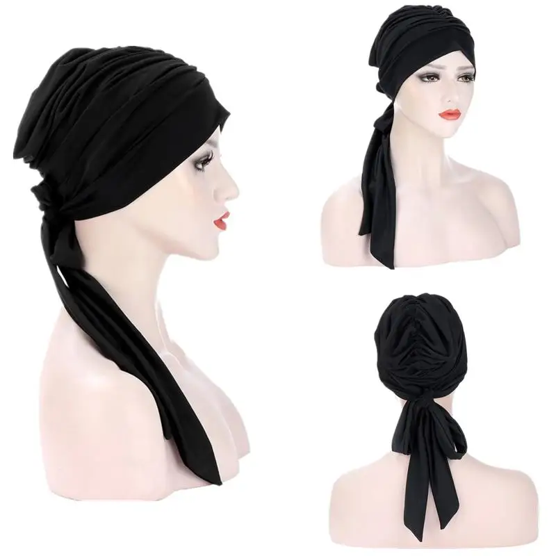 Stretch Solid Wrinkle Turban Hat Cancer Chemo Beanies Caps Pre-Tied Scarf Headwear Headwrap Plated Hair Accessories Muslim Women