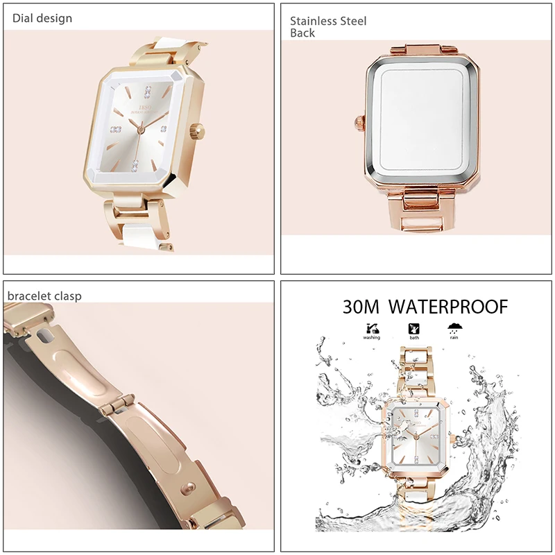 นาฬิกาข้อมือสแตนเลสสีขาวกันน้ำนาฬิกาข้อมือผู้หญิงหรูหรานาฬิกาควอทซ์สีดำแฟชั่นสำหรับสุภาพสตรีนาฬิกาข้อมือสี่เหลี่ยม