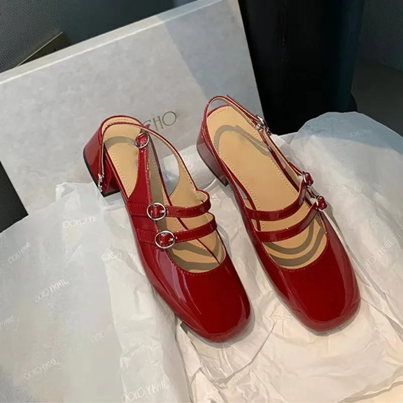 Classic Red Mary Jeans Woman Patent Leather Med-High Heels Sandals Two Buckle Belt Strap Shoes Femme Slingback Lolita Footwear