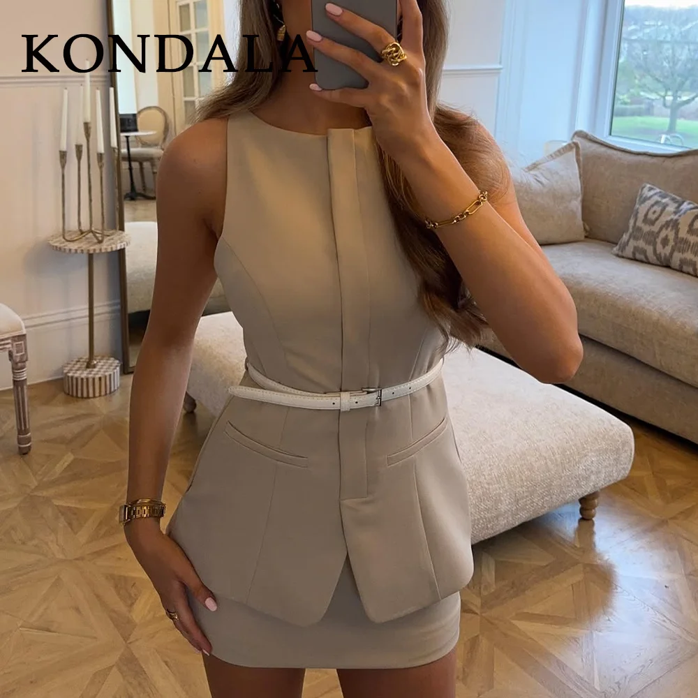 فساتين KONDALA 2025 للربيع والصيف ملابس الشارع النسائية موضة أنيقة وشاحات ضيقة ورقبة دائرية بدون أكمام فساتين قصيرة أنيقة للسيدات #4