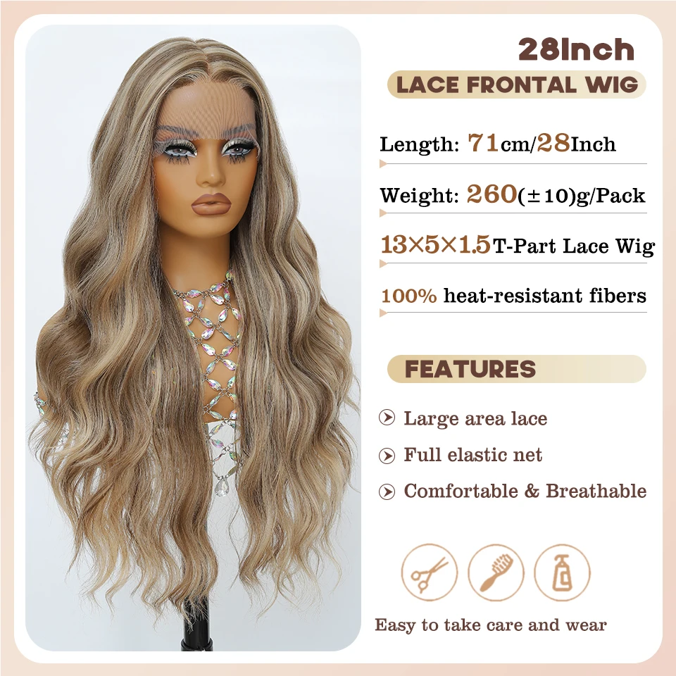 Ombre Шоколадно-коричневый Глубокая часть Волнистый синтетический парик шнурка 28-дюймовый длинный черный парик фронта шнурка Высококачественный американский женский афро парик