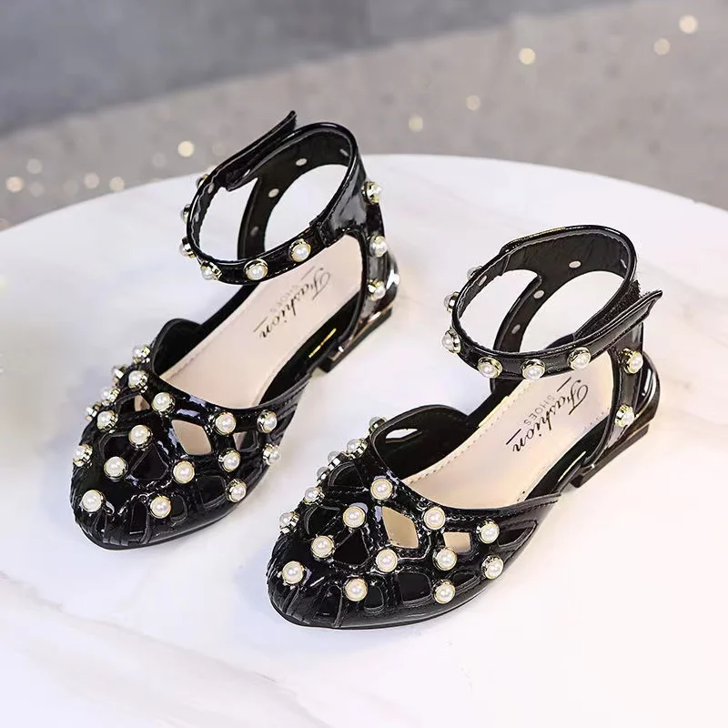 

2025 black red ivory new summer new girl princess shoes soft bottom leather shoes single simple pearl fashion girl sandal shoes