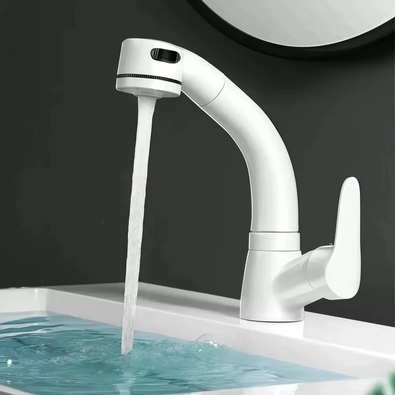 

Выдвижной черный смеситель для раковины в ванную комнату, с подачей горячей и холодной воды, хромированный, поворотный на 360 градусов, с регулировкой высоты