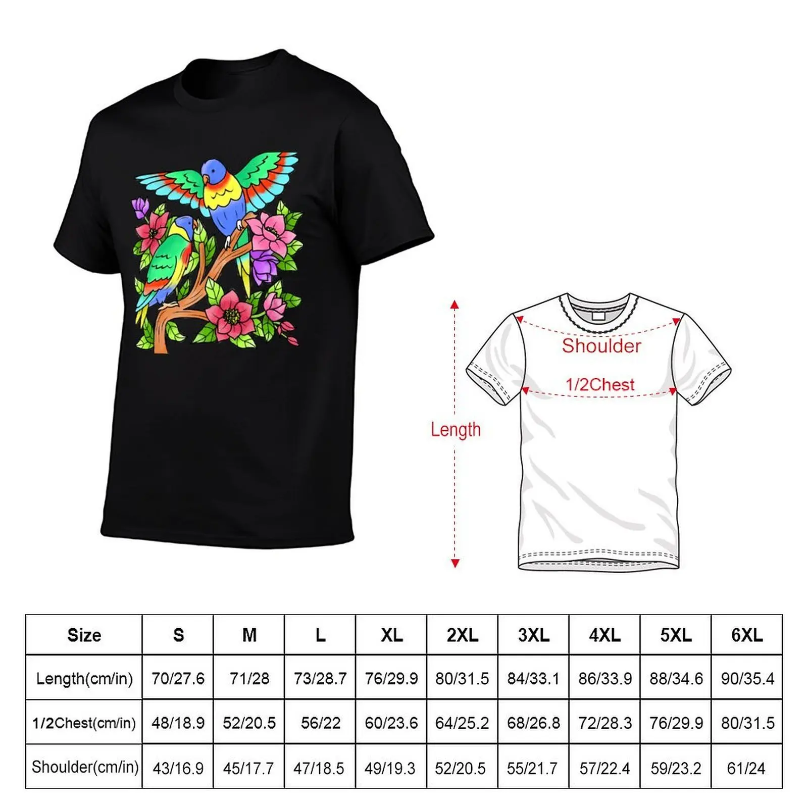 Parrot Couple Exotic Flower Summer Design Rainbow Lorikeets T-Shirt Athletic Fit Sports Short Sleeve Top