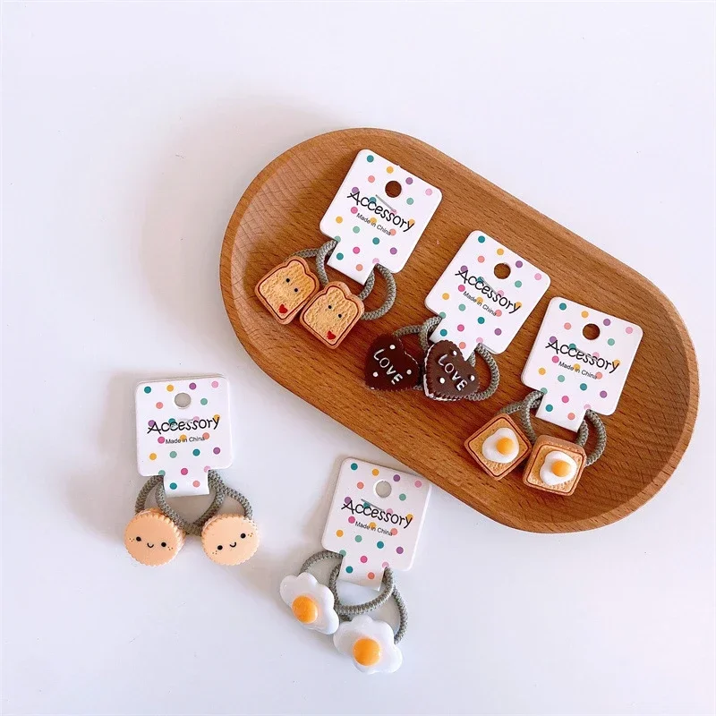 2pcs Cute Baby Hair Bands Cartoon Egg Toast Mini Elastic Hair Ring Rope for Little Girls Baby Hair Small Kids Accessoires