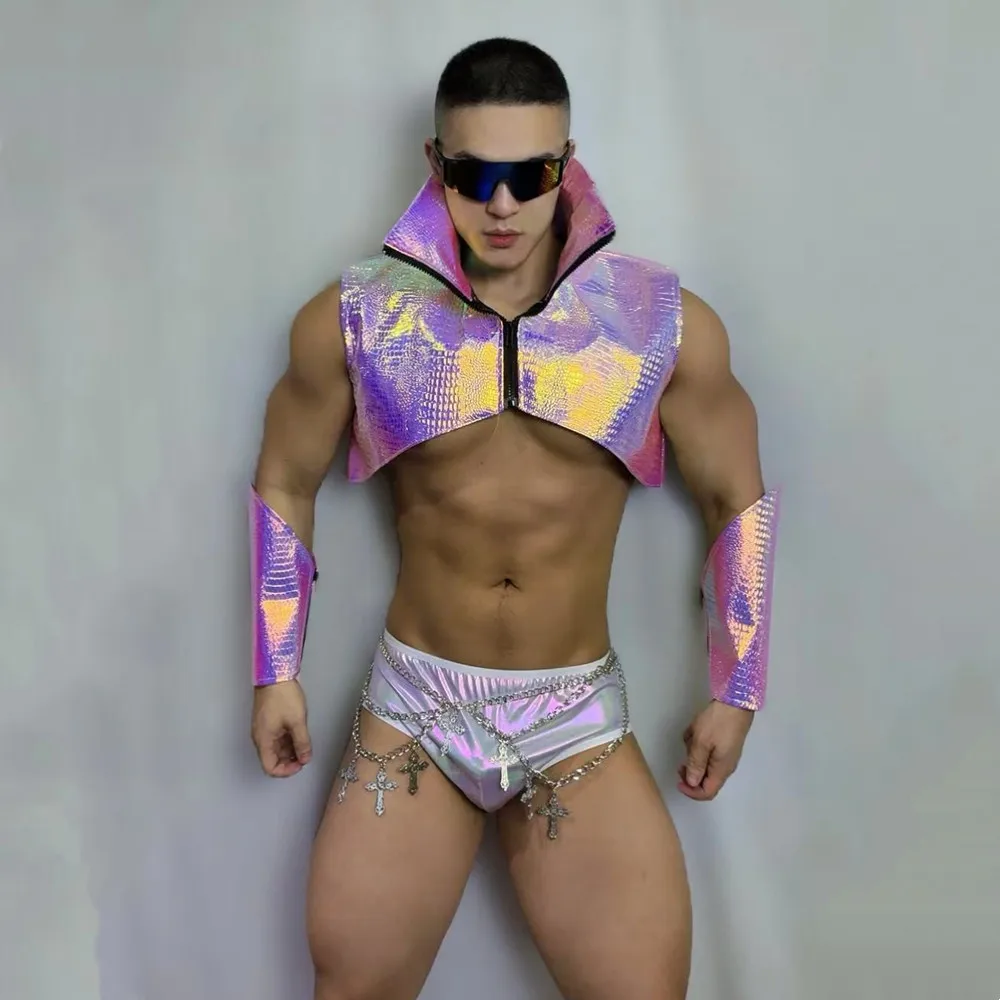 

Bar Nightclub Male Gogo DJ Dancer Sexy Stage Wear Purple Gold Laser Armor Set Carnival Party Show Performance Rave Outfit