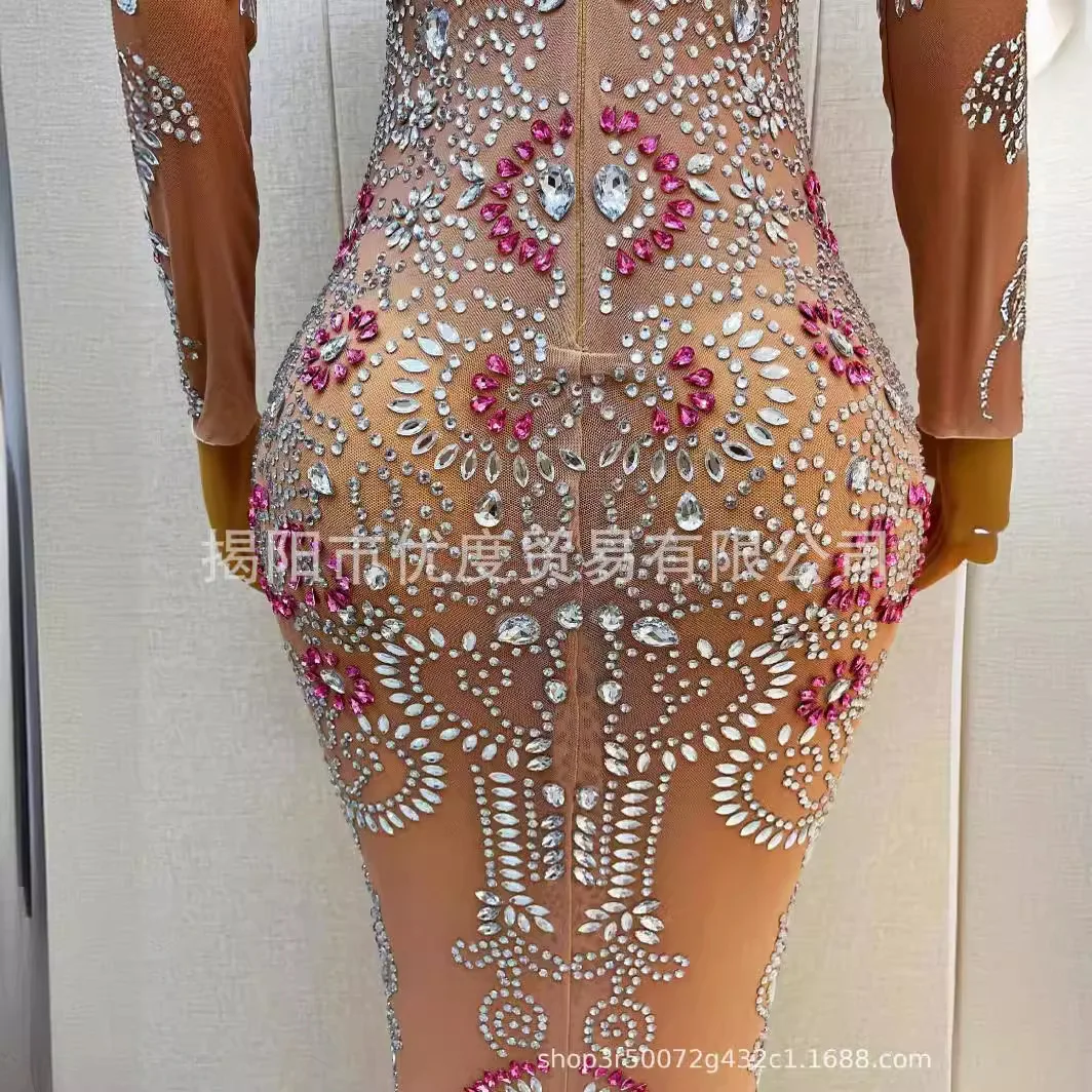 Perspective Shining Mesh Rhinestone Temperament Dress Cocktail Party Birthday Party Night Performance Long Skirt Lock Cylinder