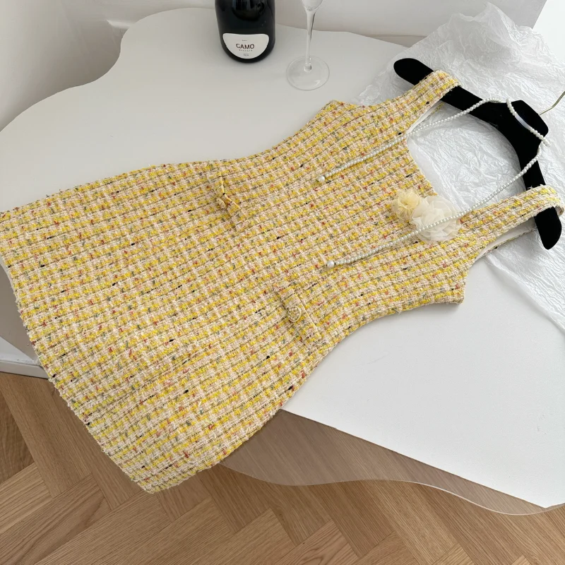 Robe émaillée parfumée à encolure carrée pour femme, mini robe femme chic française, tweed simple, mode de fête, jaune, petit, été